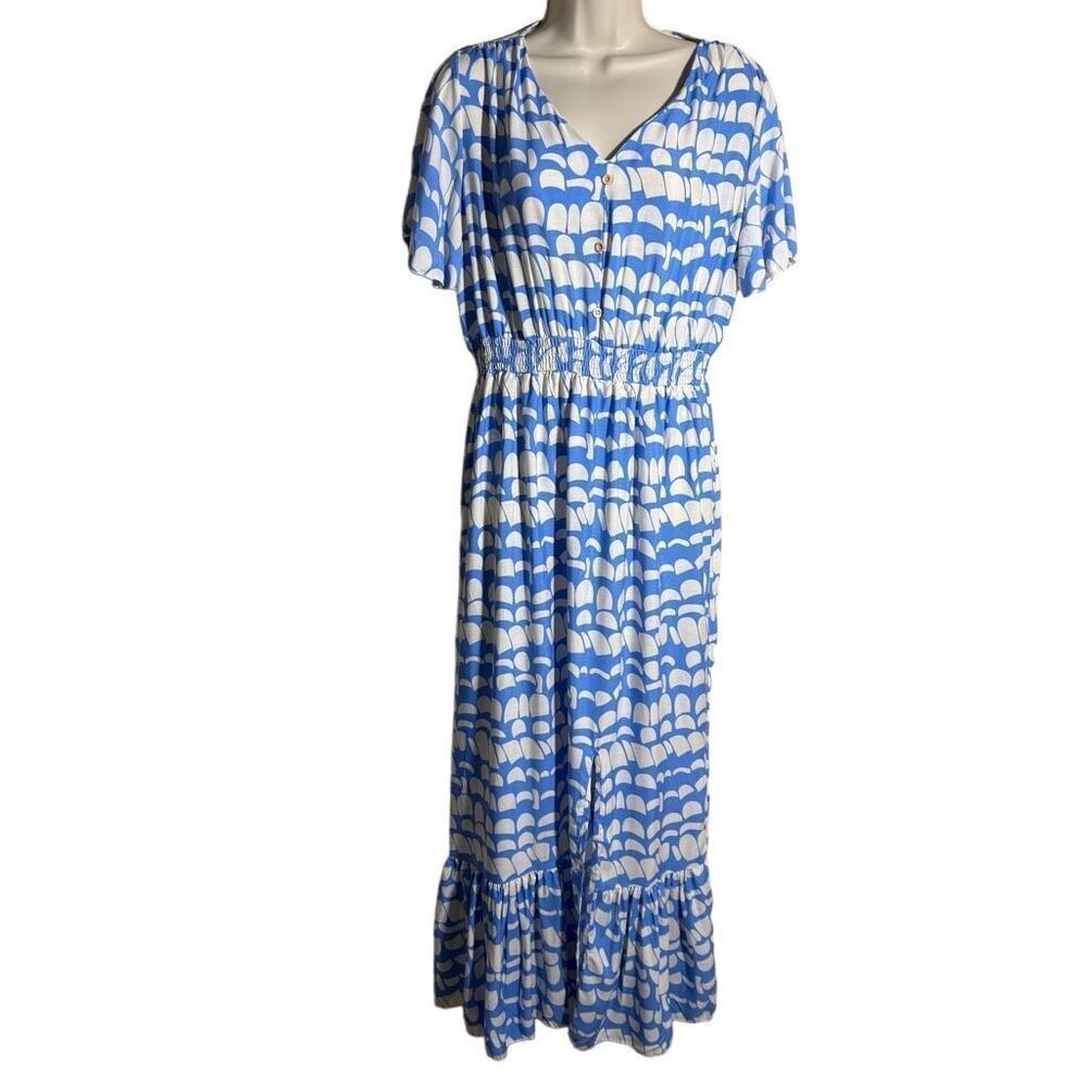 NWOT Kindred Anthropologie Blue Patterned Maxi dress size L Rayon Slit